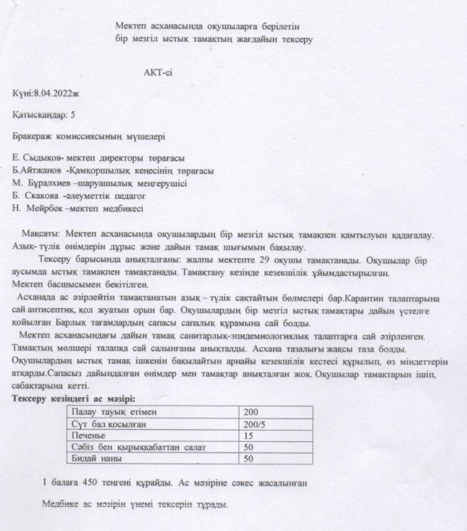 Мектеп асханасында оқушыларға берілетін бір мезгіл ыстық тамақтың жағдайын тексеру