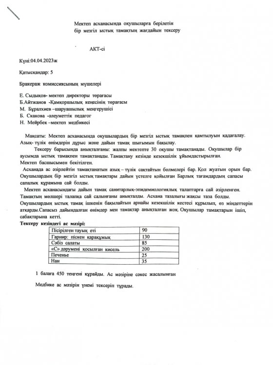 Мектеп асханасында оқушыларға берілетін бір мезгілді ыстық тамақ