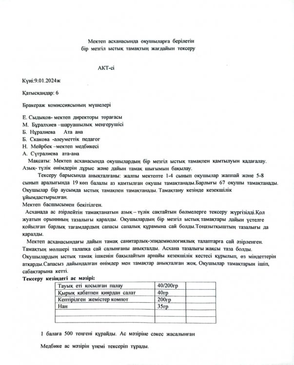 Мектеп асханасында оқушыларға берілетін бір мезгілді ыстық тамақ 09.01.2024ж