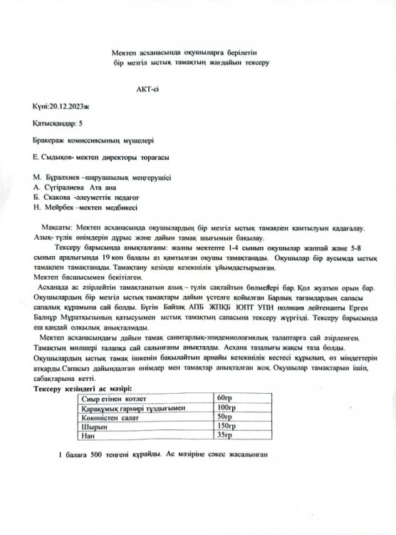 Мектеп асханасында оқушыларға берілетін бір мезгілді ыстық тамақ 20.12.2023ж