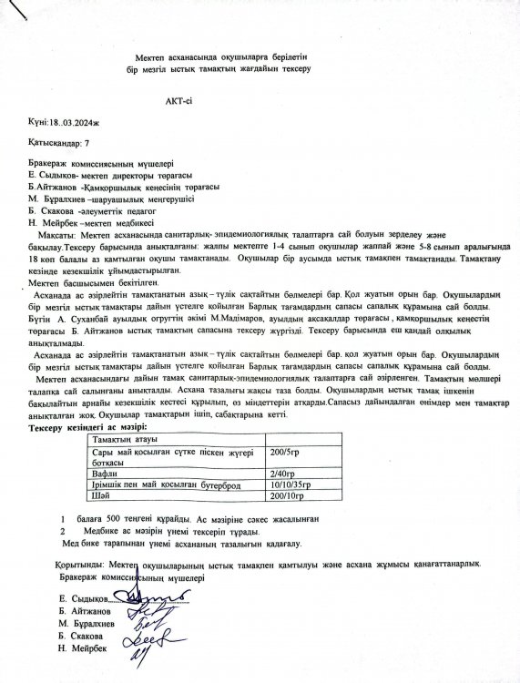 Мектеп асханасында оқушыларға берілетін бір мезгілді ыстық тамақ