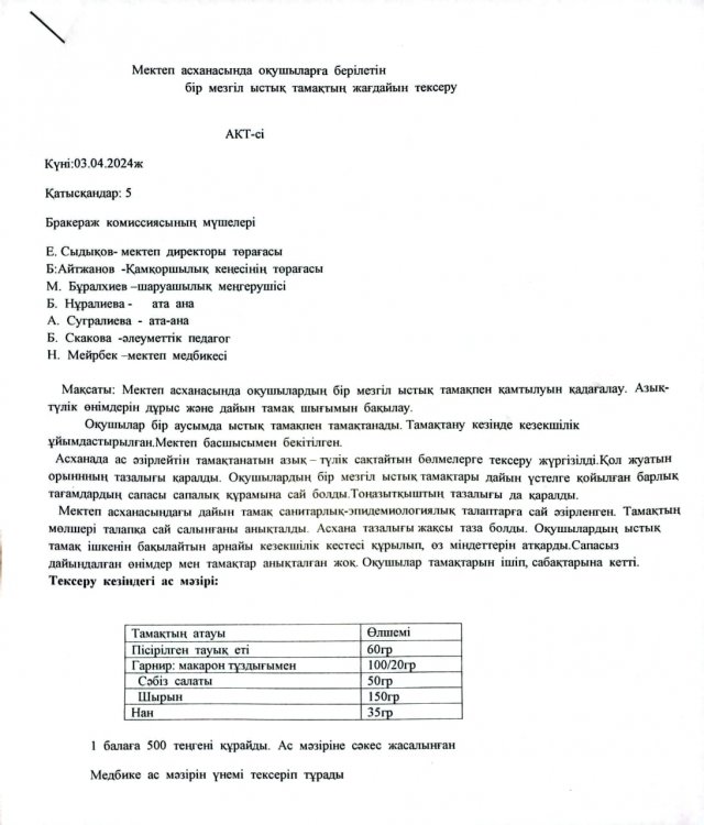 Мектеп асханасында оқушыларға берілетін бір мезгілді ыстық тамақ
