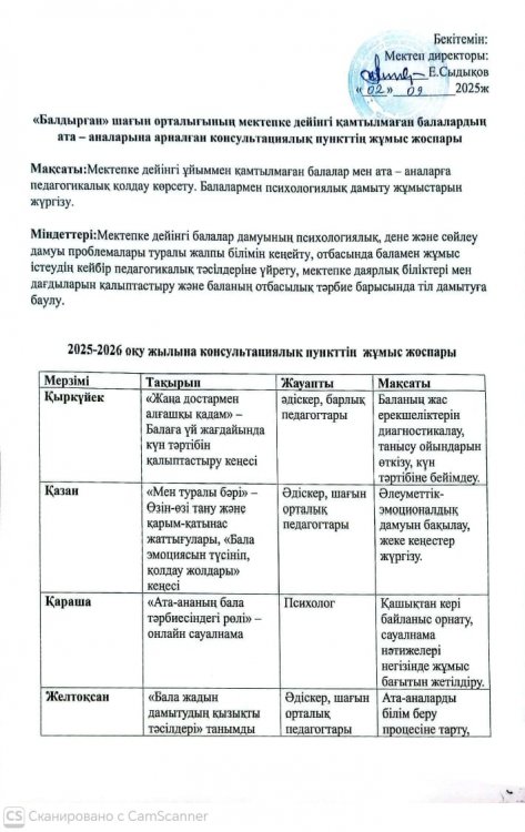 2025-2026 оқу жылына арналған консултациялық пунктің жоспары